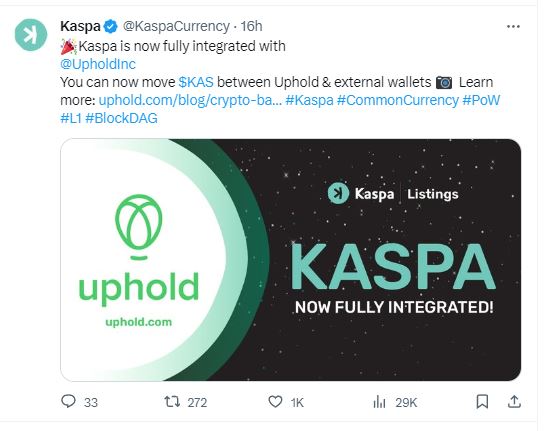kaspa KAS price, Kaspa (KAS) Price Jumps 25% After Uphold Collaboration