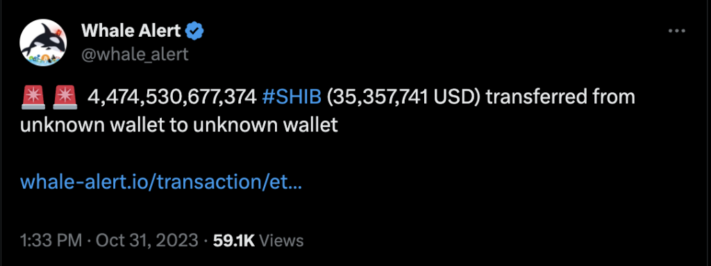 Whale Alert's tweet about massive Shiba Inu token transfers