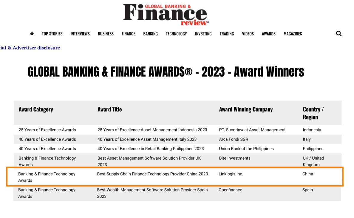 , Linklogis Was Recognized as Best Supply Chain Finance Technology Provider in China