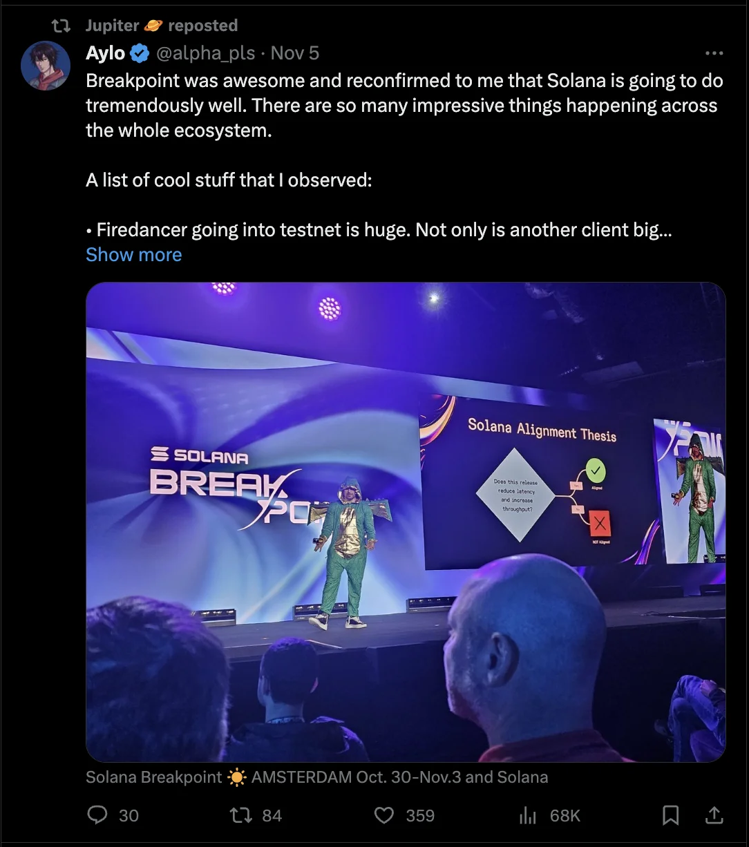 Jupiter Exchange team announced airdrop of JUP tokens during Solana's Breakpoint event