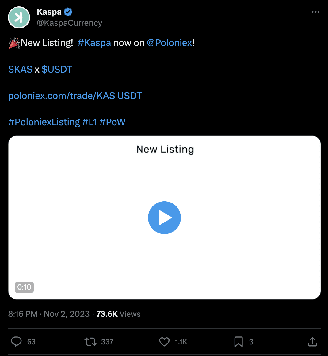 Poloniex Kaspa (KAS) listing