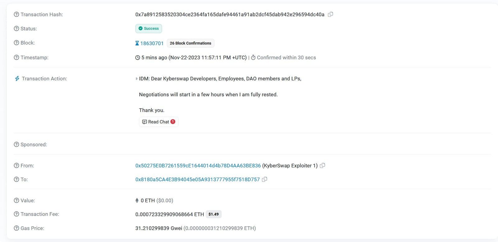 Message from the culprit behind KyberSwap hack. Source: X.com