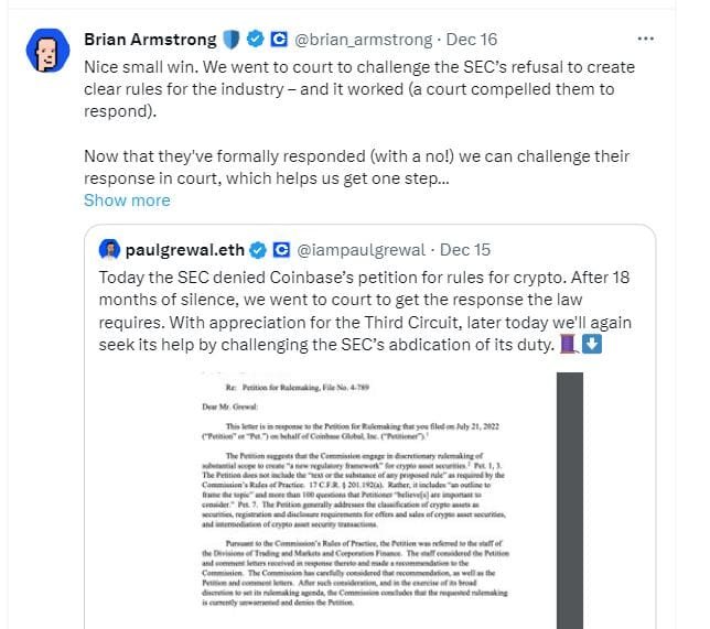 Brian Armstrong comments SEC rejects coinbase petition