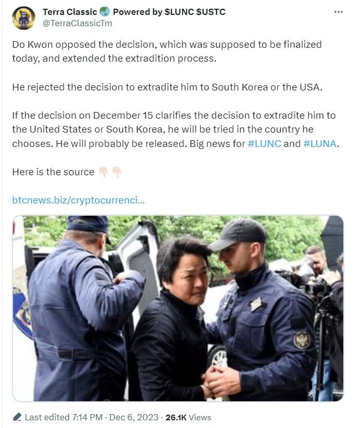 Do Kwon, the founder of Terraform Labs, is set to be extradited to the United States from Montenegro by Justice Minister Andrej Milovic 