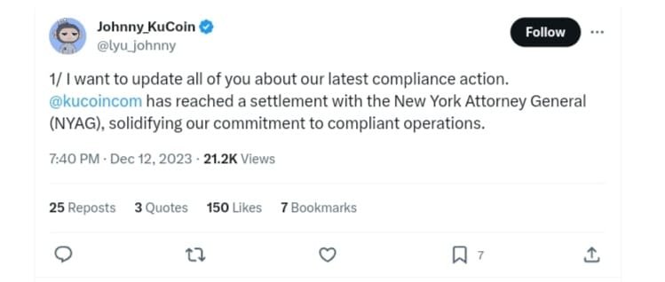 Johnny Lyu's tweet on KuCoin's enforcement action