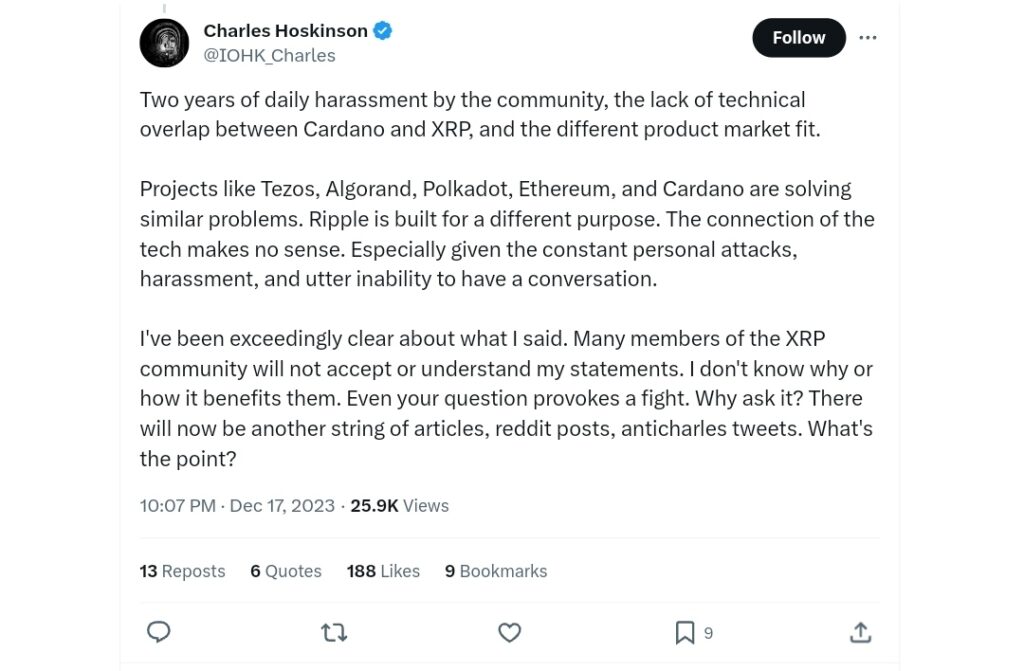 Charles Hoskinson XRP, Cardano&#8217;s Charles Hoskinson Brutally Trolled XRP Last Year — The Community Hasn&#8217;t Forgotten Yet