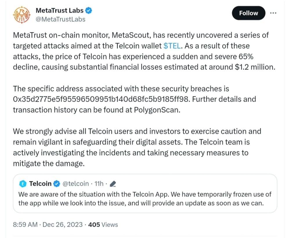 Telcoin crypto theft, Telcoin Loses $1.3M in Crypto Theft — TEL Plummets by 42%