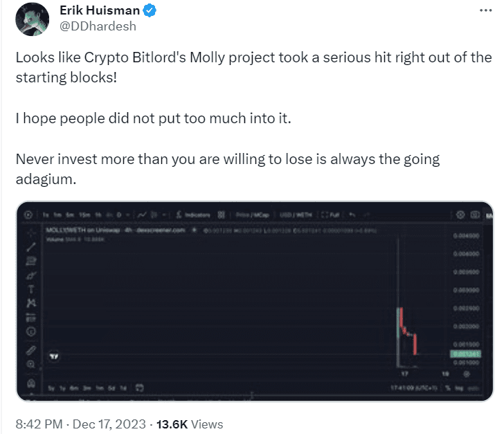 Influencer Crypto Bitlord, who launched the Molly project, now faces fresh rug pull allegations after the MOLLY token price tanks.