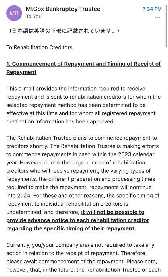 crypto exchange Mt. Gox creditors have started receiving payments for their trapped Bitcoin (BTC) 10 years after its collapse.