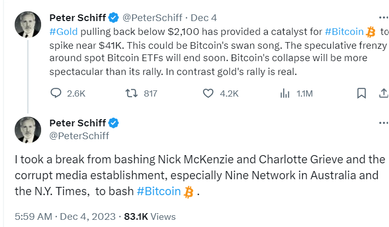 Peter Schiff's tweet suggesting Bitcoin price going to $41,000 is its swan song. 