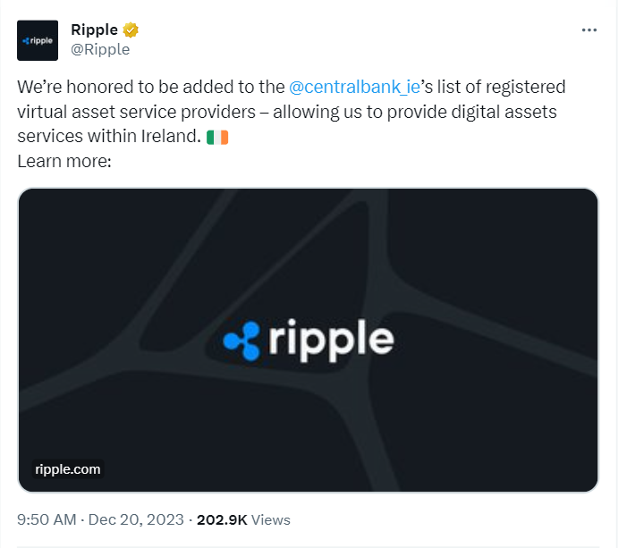 Ripple's post about the Irish Central Bank's decision could boost the XRP price.
