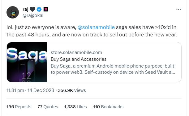 Solana co-founder Raj Gokal tweet on Saga and BONK