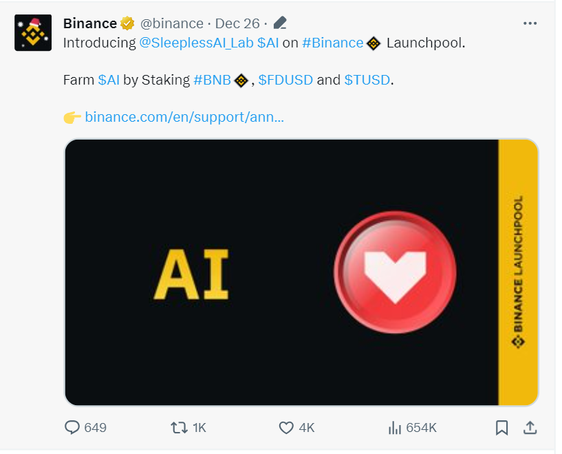 BNB price has surged past the $300 mark amid excitement coming from the recent announcment of the Sleepless AI coming on Binance Launchpool.