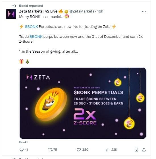 Zeta Market launches BONK trading.