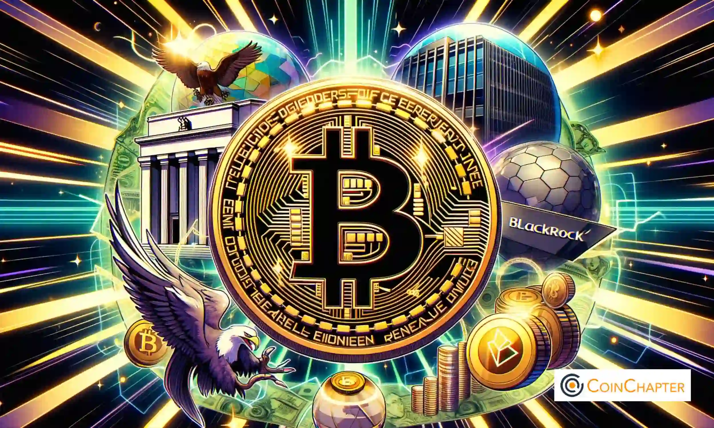 fed, blackrock, and bitcoin logo