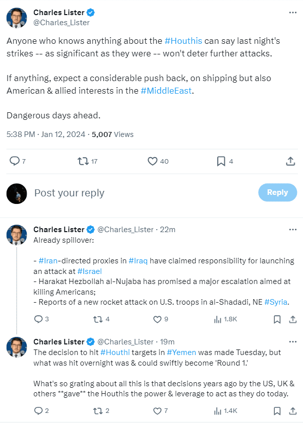 Oil Prices are surging following the US and UK military strikes against Iran-backed Yemeni militant group Houthis.