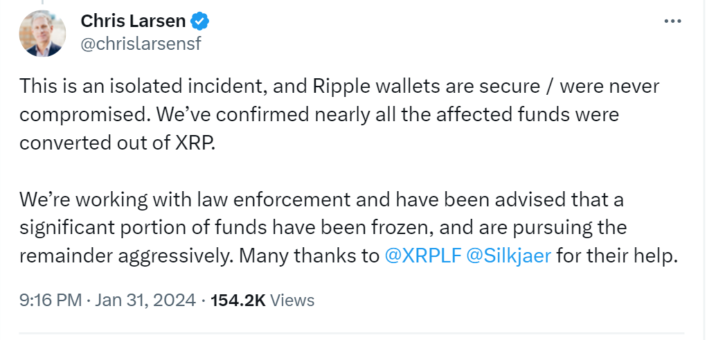 Hackers stole 213 million XRP tokens, valued at around $112.5 million, from Chris Larsen, the co-founder and executive chairman of Ripple. 