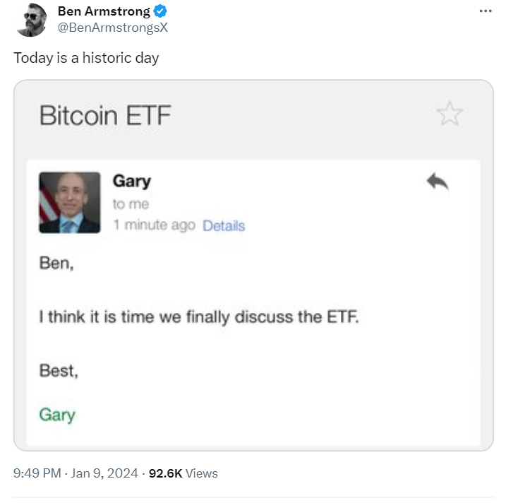 Users are trolling BitBoy Ben Armstrong For Trying To Claim Credit For Spot Bitcoin ETF Approval by Gary Gensler-led SEC. 