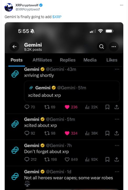 Gemini tweets about XRP