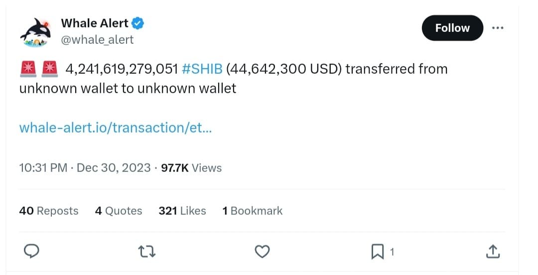 Whale Alert's tweet on Shiba Inu