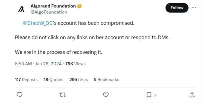 Algorand's tweet about hack