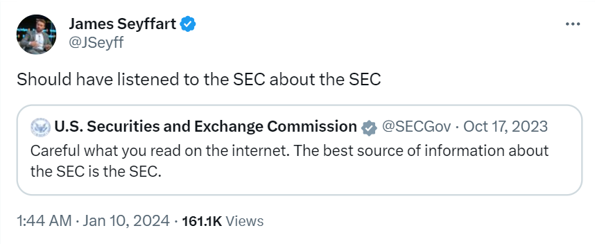 Gary Gensler said the X (formerly Twitter) account of the SEC was compromised to post fake news about spot Bitcoin ETF approval. 