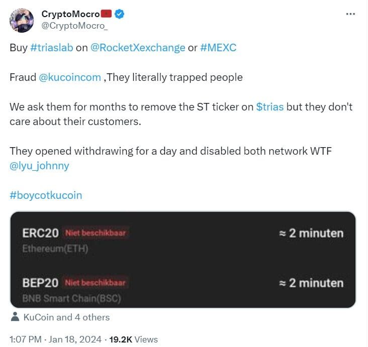 KuCoin exchange faces accusations of trying to sabotage the TRIAS token price after it recently suspended withdrawals of the token again as it continues to maintain the Special Treatment (ST) tag on it. 