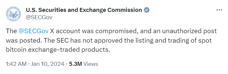 Gary Gensler said the X (formerly Twitter) account of the SEC was compromised to post fake news about spot Bitcoin ETF approval. 