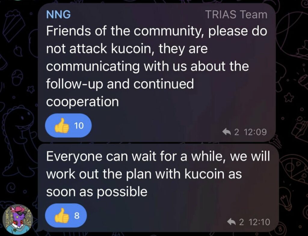 KuCoin exchange faces accusations of trying to sabotage the TRIAS token price after it recently suspended withdrawals of the token again as it continues to maintain the Special Treatment (ST) tag on it. 