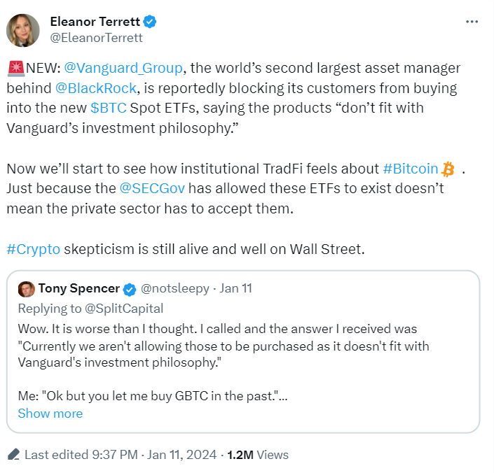 Asset management firms Merrill and Vanguard refuse to allow traders to buy into newly-approved spot Exchange Traded Funds (ETF). 