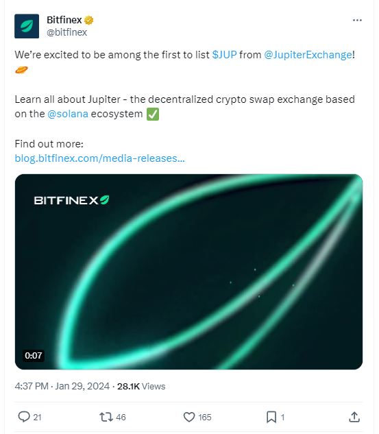 Bitfinex welcomes Jupiter