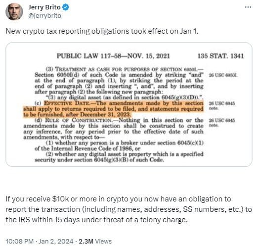 The new anti-Crypto Tax law came into effect on January 1 under the Infrastructure Investment and Jobs Act. Coin Center is fighting it legally