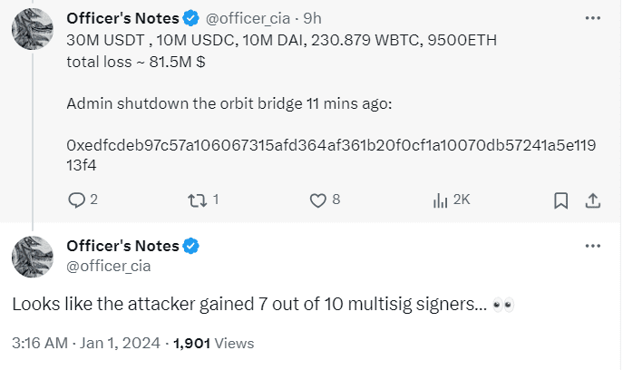  The latest Orbit Bridge hack has resulted in the exploit of $82 million. Cross-chain protocol Orbit Chain has confirmed the hack