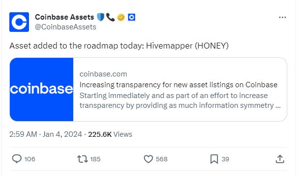 Coinbase adds Hivemapper to Roadmap