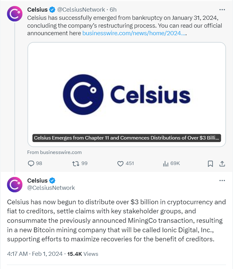 Cryptocurrency lending platform Celsius Network has remerged from Chapter 11 bankruptcy and will distribute $3 billion in crypto to creditors.
