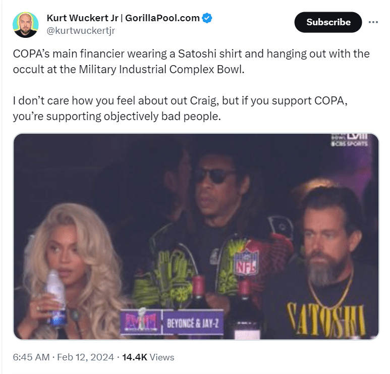 Jack Dorsey, co-founder and former CEO of Twitter wore a SATOSHI T-Shirt while attending the Super Bowl 2024 angering Craig Wright fans.