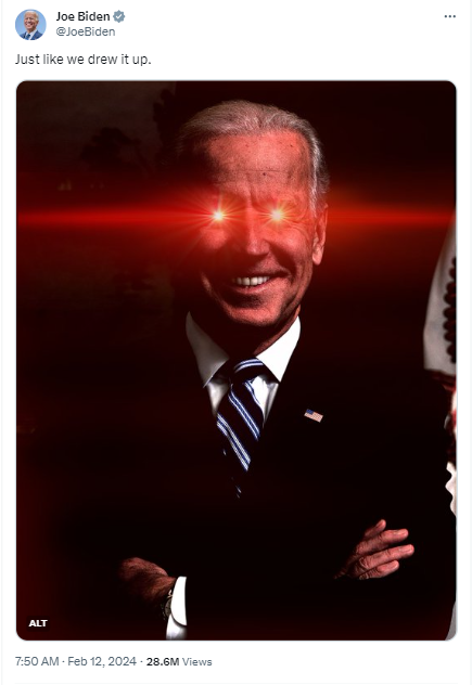 US President Joe Biden recently posted a picture of himself with red laser eyes on X. His post comes as Bitcoin (BTC) price nears $50,000