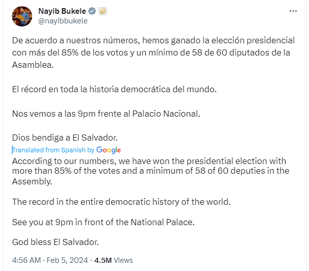 Bitcoin-Friendly Nayib Bukele has announced that he has swept the El Salvador elections, winning 85% of the votes and 58 our of 60 deputies.