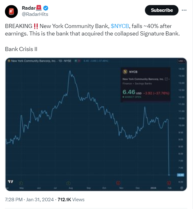 US banking crisis now imminent as the shares of New York Community Bank drop over 45%, making a strong case for Bitcoin (BTC) adoption.