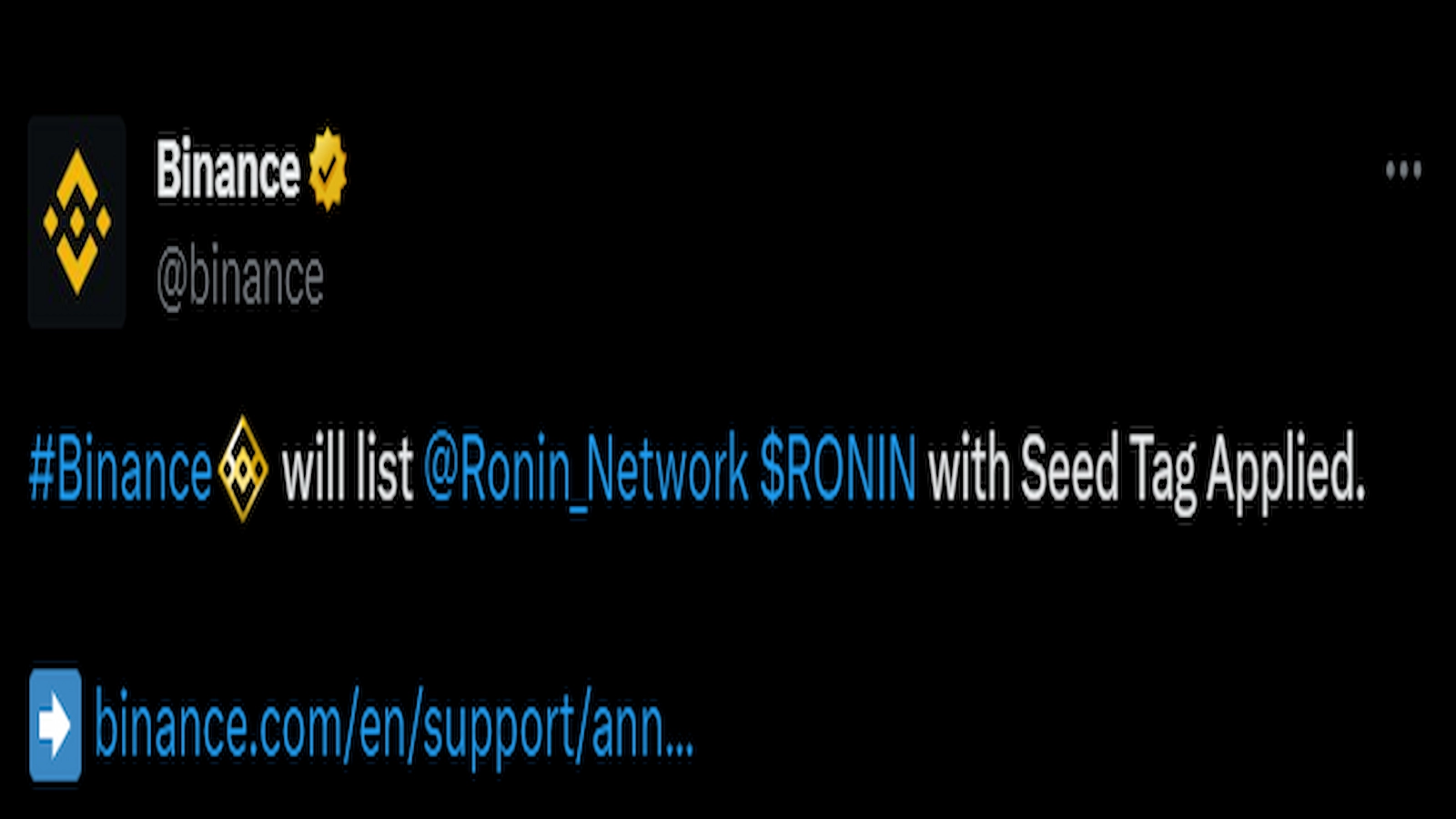 Ronin token RON Binance listing