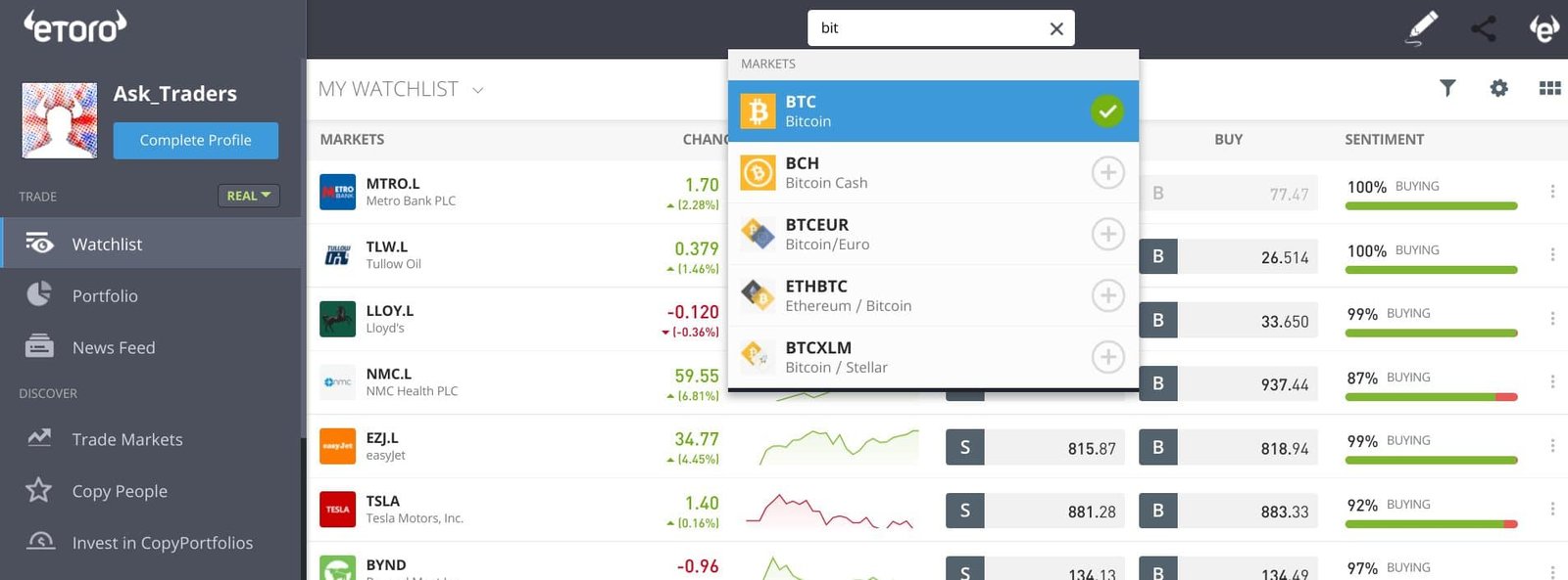 Search for Bitcoin on eToro