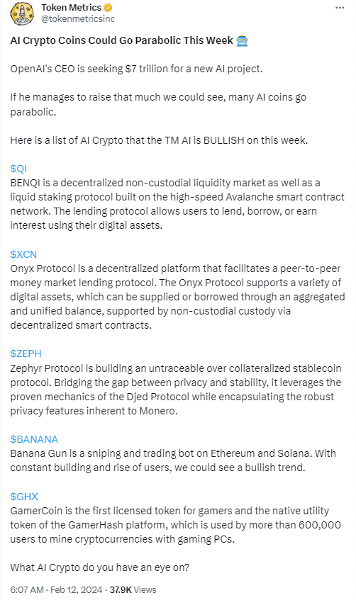 3 Top AI Crypto tokens That Are Bullish In the Cryptocurrency Industry So Far In 2024 ahead of the expected  bull run.