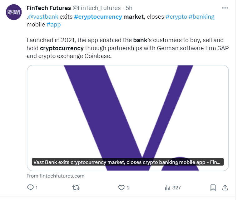 Big Blow To Bitcoin as Vast Bank, the Oklahoma-based $850 million financial giant has announced its exit from the cryptocurrency market.