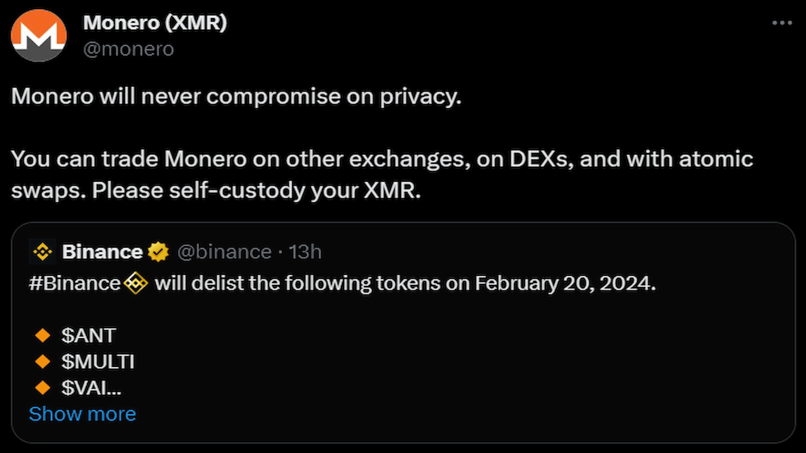XMR delisting