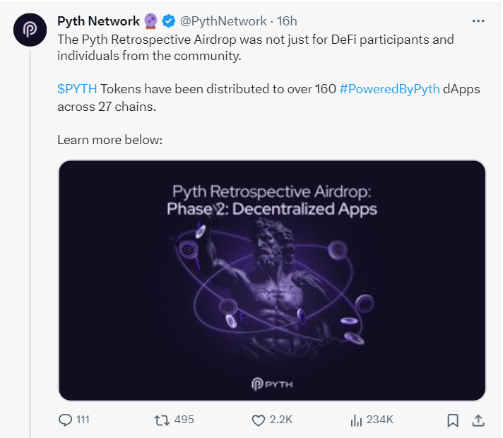 Pyth Network, the blockchain oracle solution rival of Chainlink (LINK), has unveiled its plans for a new airdrop that will surge PYTH price. 