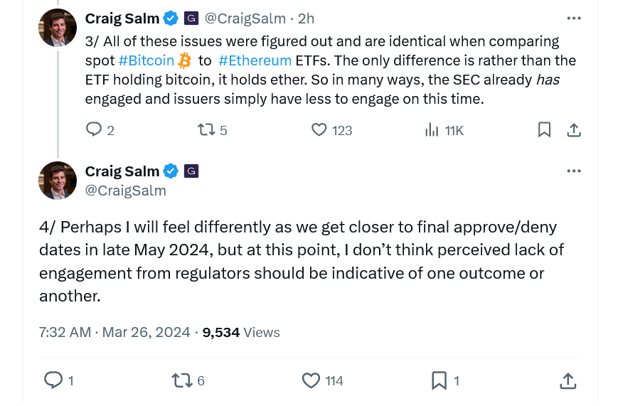 Craig Salm shared his views on Ethereum ETF. Source: X. 