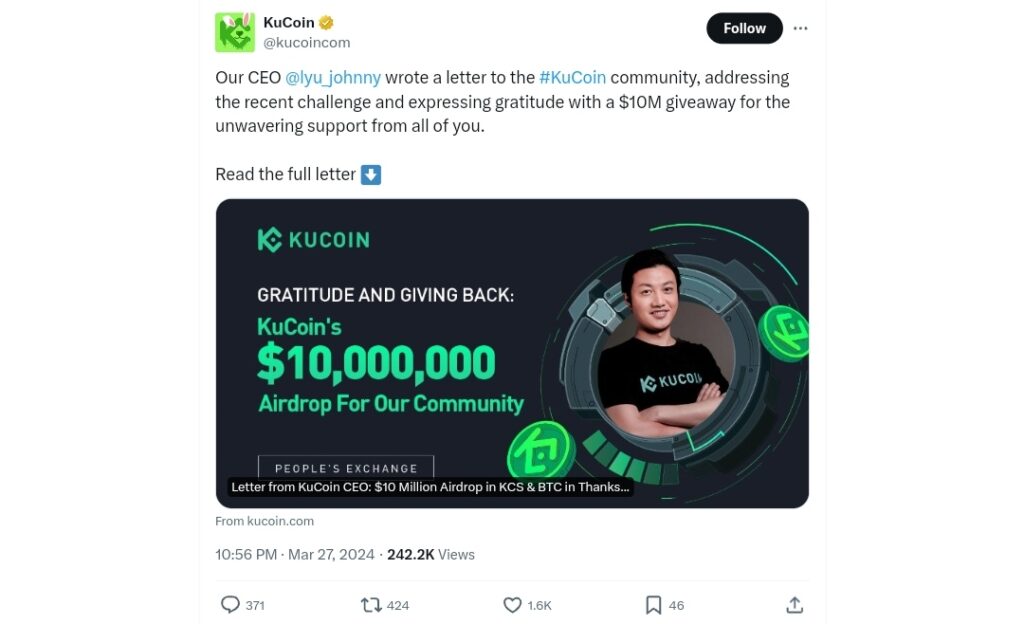 Kucoin airdrop, KuCoin Announces $10M Airdrop in Appreciation of User Support