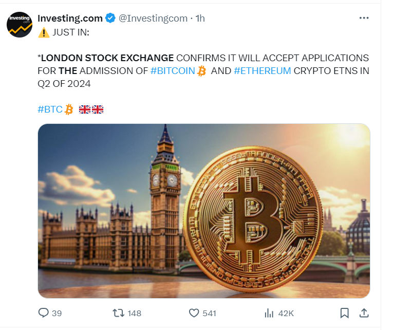 The London Stock Exchange is opening its doors to Bitcoin and Ether ETNs in Q2 2024.