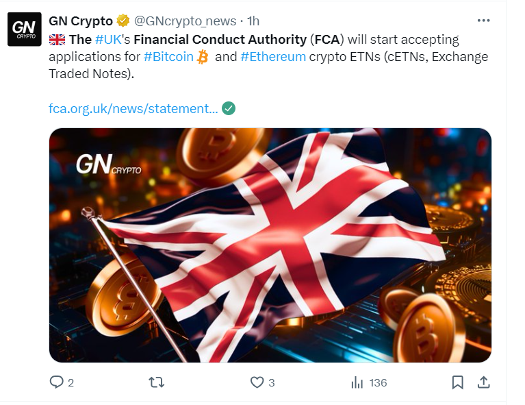 Financial Conduct Authority (FCA) will start accepting applications for Bitcoin and Ethereum