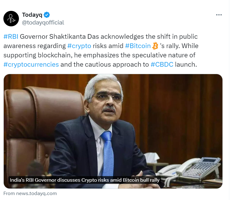 RBI Governor Shaktikanta Das regarding 
crypto risks amid Bitcoin
